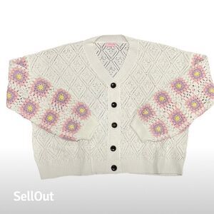 Pink Lily Women's White Boho Floral Crochet Cardigan Sweater Size L